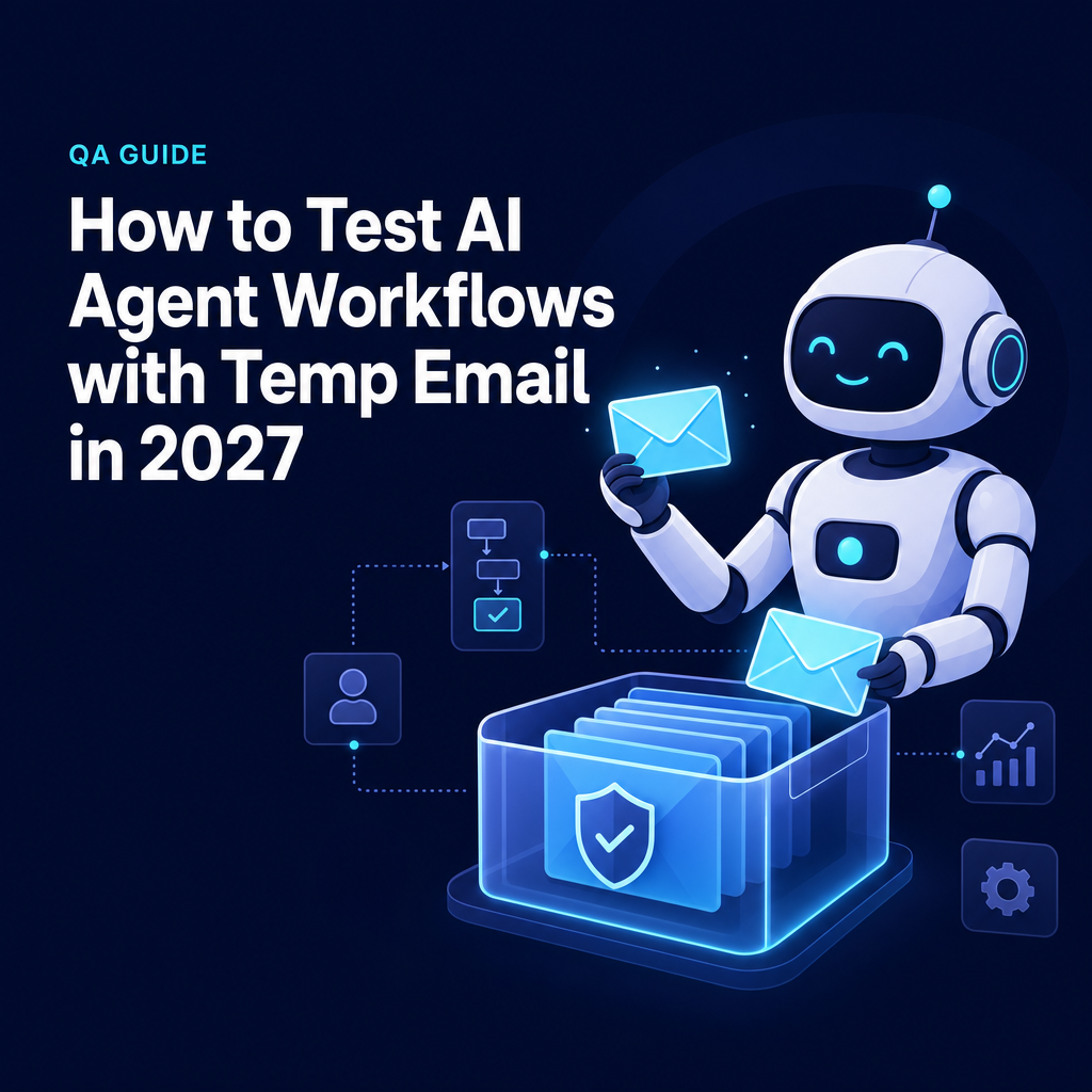 Article title beside a flat vector robot holding envelopes near a disposable inbox tray on dark navy.